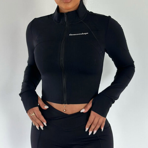 Strech athletic zip up long sleeve crop top in Black