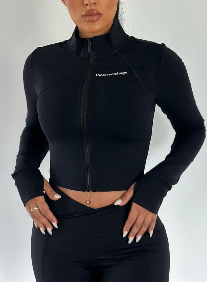 Strech athletic zip up long sleeve crop top in Black