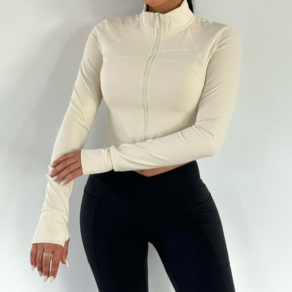 Strech athletic zip up long sleeve crop top in Cream white